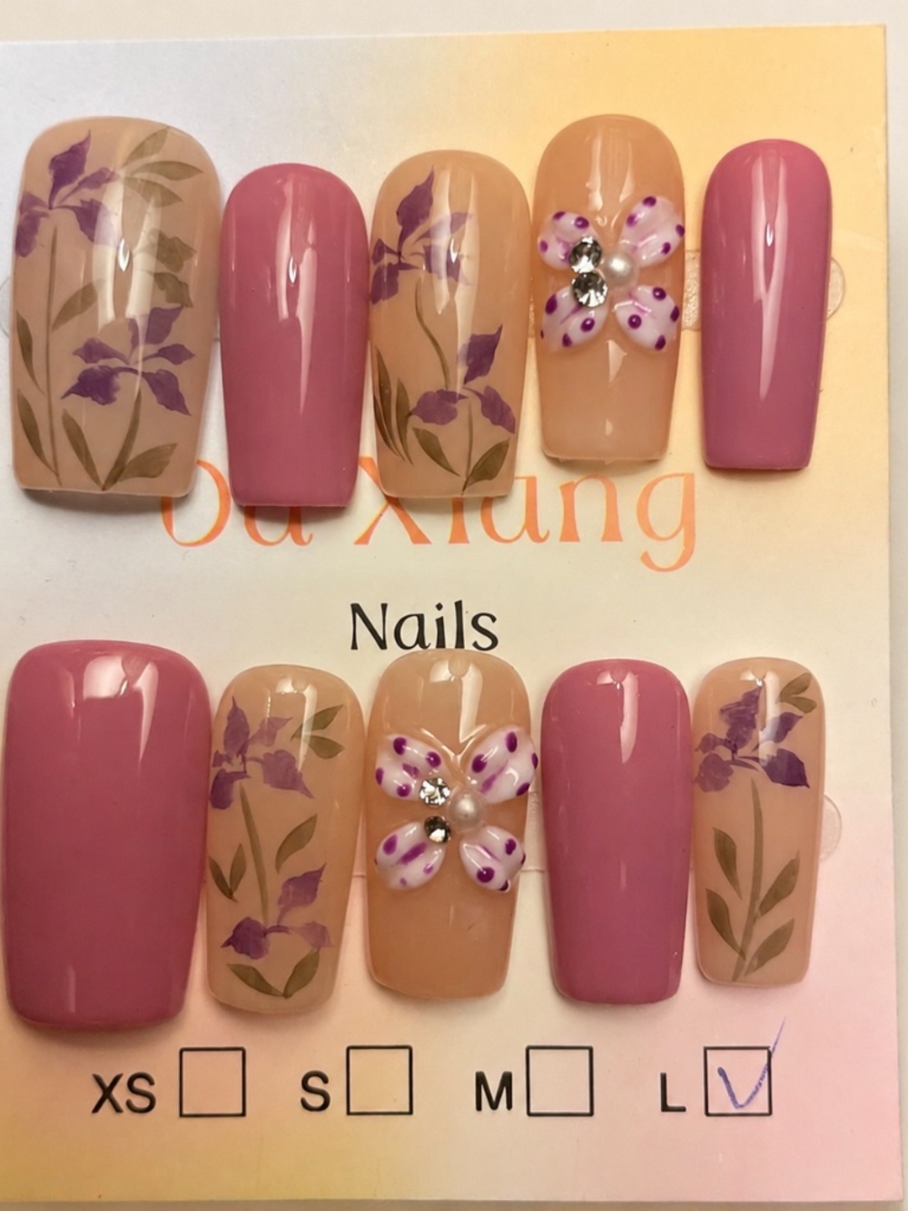 NEW Glossy Mauve/Nude 3D Floral Press On Nails | Handmade | Long Square | LG